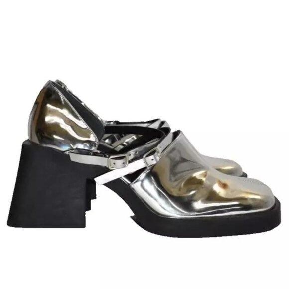 $475 Justine Clenquet Jennie Mary Jane Pump SILVER PLATFORM LEATHER 40 (DB37) - Picture 2 of 7